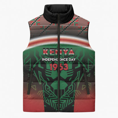 Personalized Kenya Independence Day Sleeveless Puffer Jacket Tribal Lion 1963 Maasai Beadwork