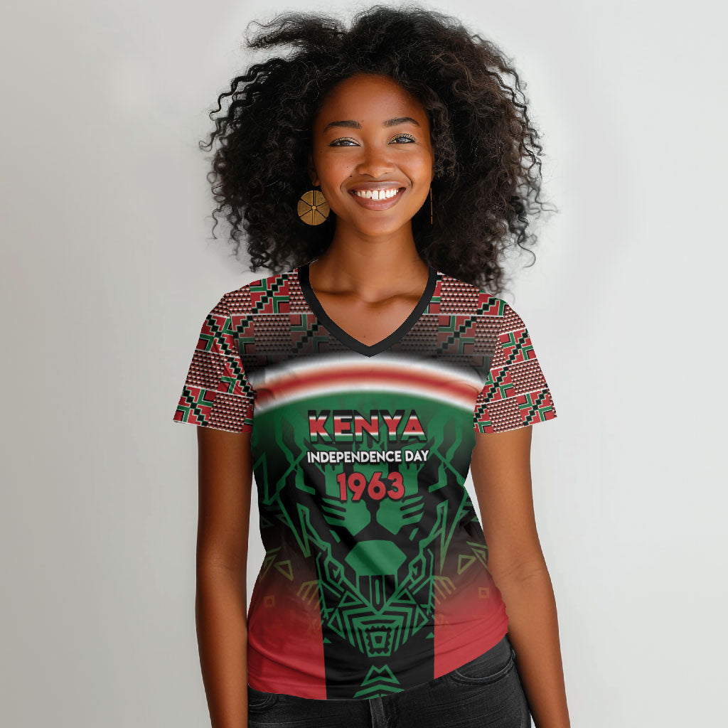 Personalized Kenya Independence Day Women V-Neck T-Shirt Tribal Lion 1963 Maasai Beadwork
