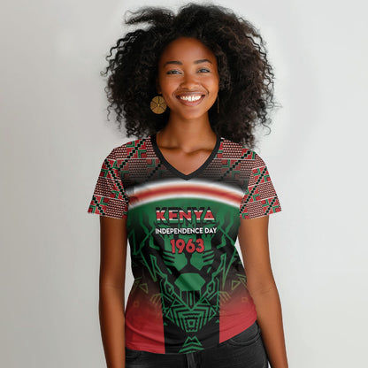 Personalized Kenya Independence Day Women V-Neck T-Shirt Tribal Lion 1963 Maasai Beadwork