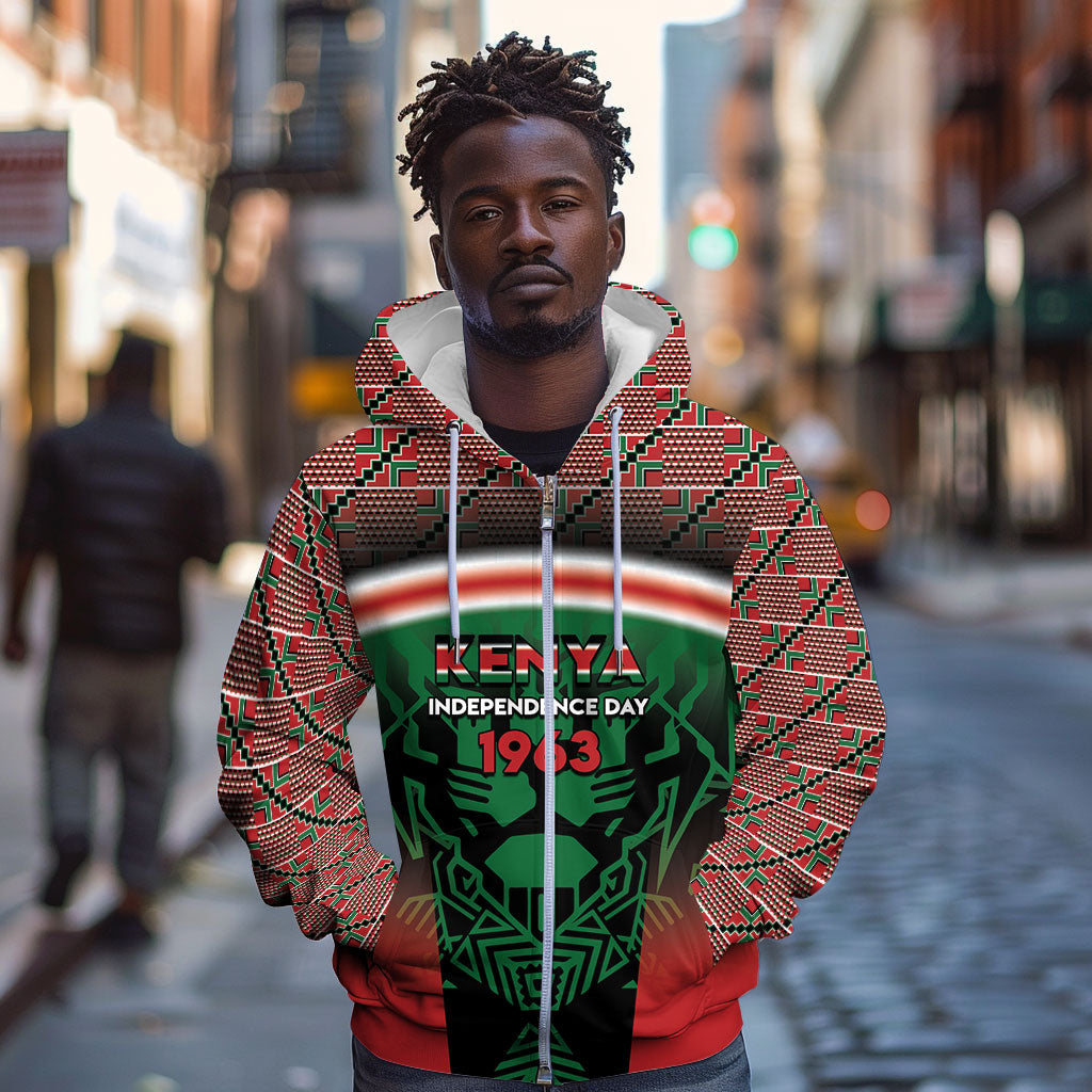 Personalized Kenya Independence Day Zip Hoodie Tribal Lion 1963 Maasai Beadwork
