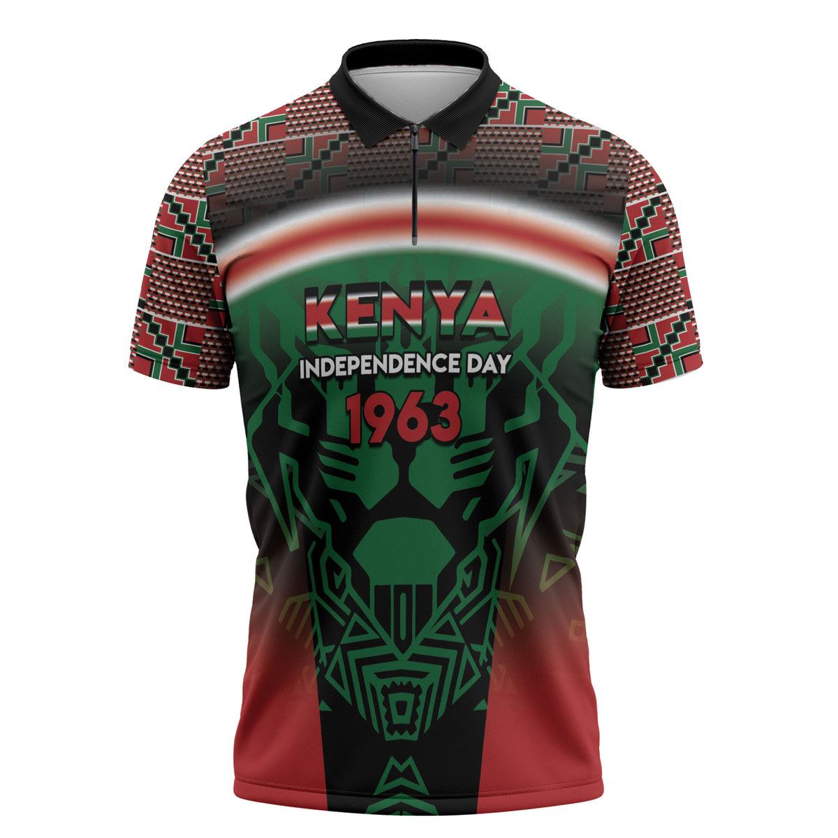 Personalized Kenya Independence Day Zipper Polo Shirt Tribal Lion 1963 Maasai Beadwork