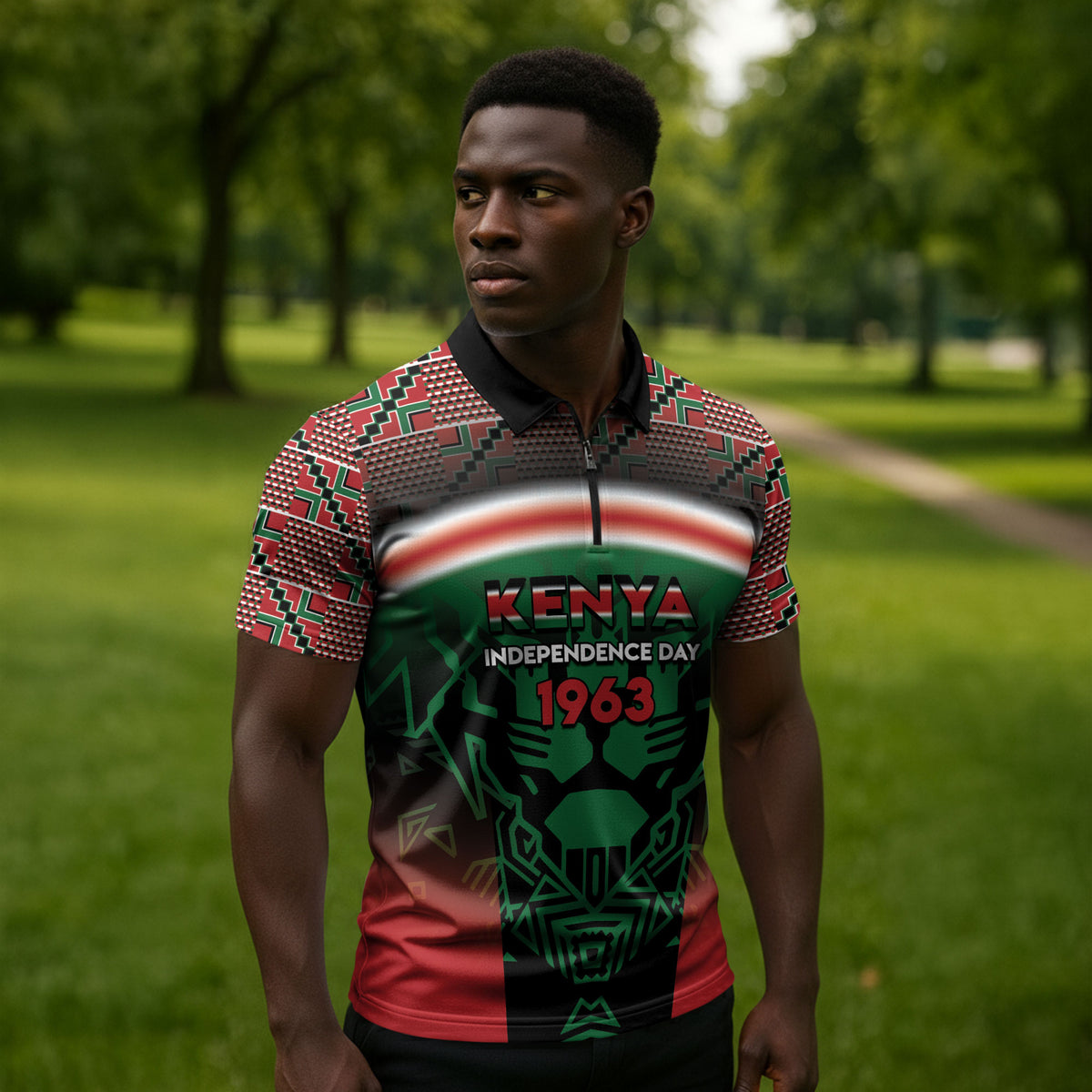 Personalized Kenya Independence Day Zipper Polo Shirt Tribal Lion 1963 Maasai Beadwork