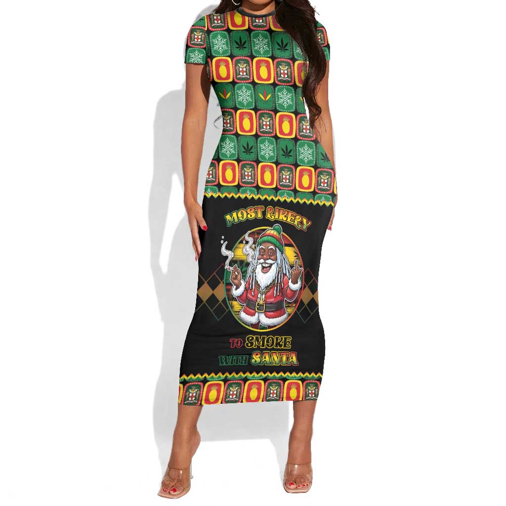 Afro-Jamaicans Christmas Short Sleeve Bodycon Dress Most Likely To Smoke With Santa DT05