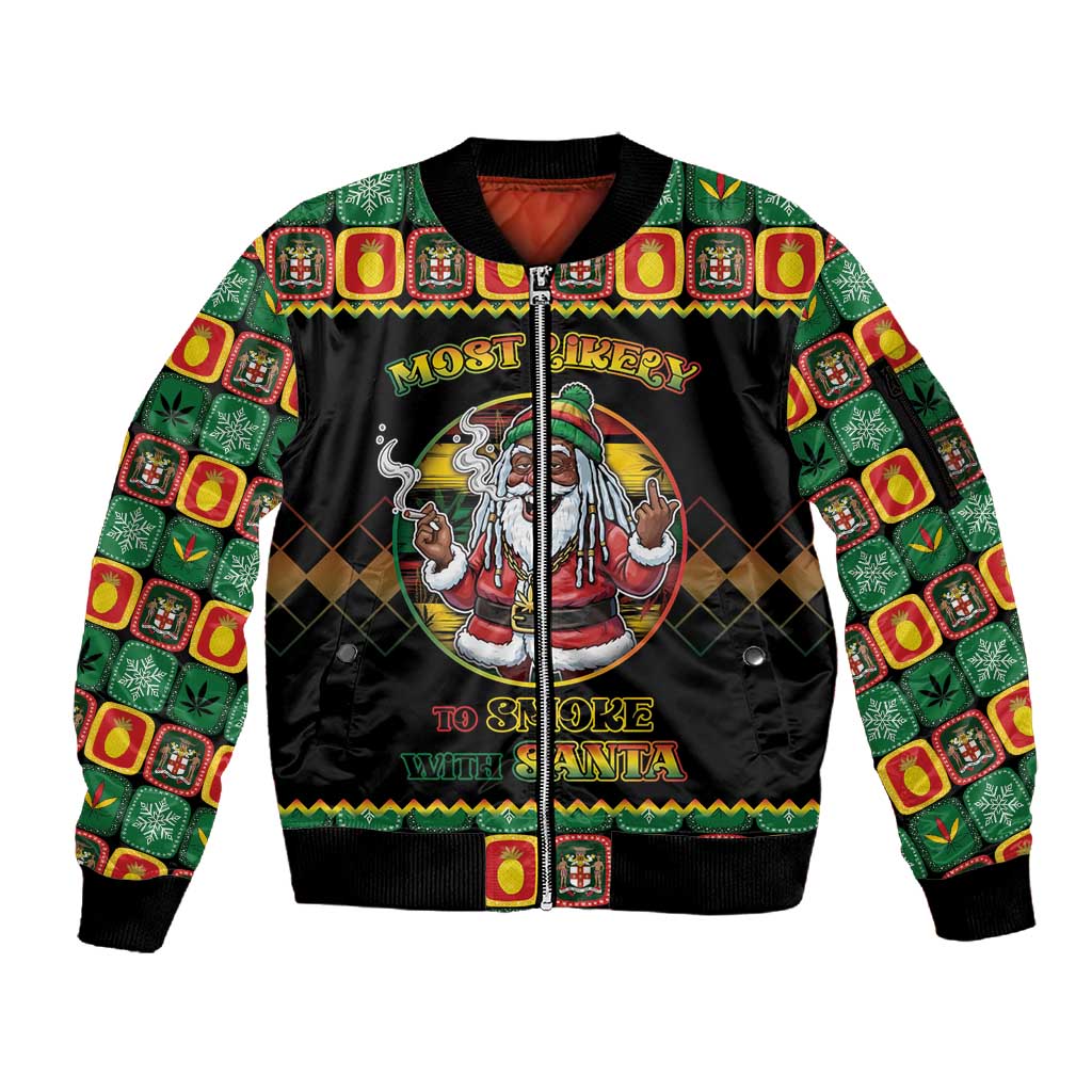Afro-Jamaicans Christmas Sleeve Zip Bomber Jacket Most Likely To Smoke With Santa - African Pride