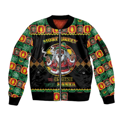 Afro-Jamaicans Christmas Sleeve Zip Bomber Jacket Most Likely To Smoke With Santa - African Pride