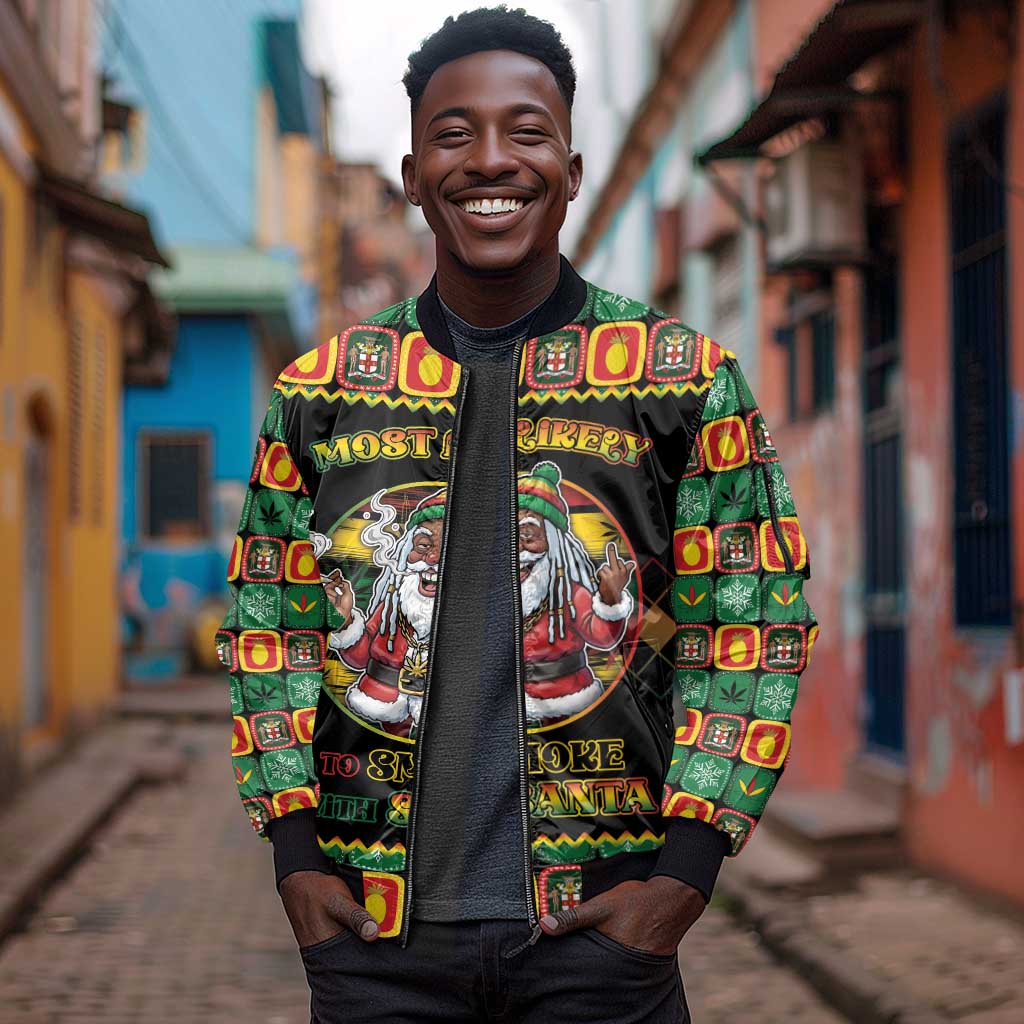 Afro-Jamaicans Christmas Sleeve Zip Bomber Jacket Most Likely To Smoke With Santa - African Pride