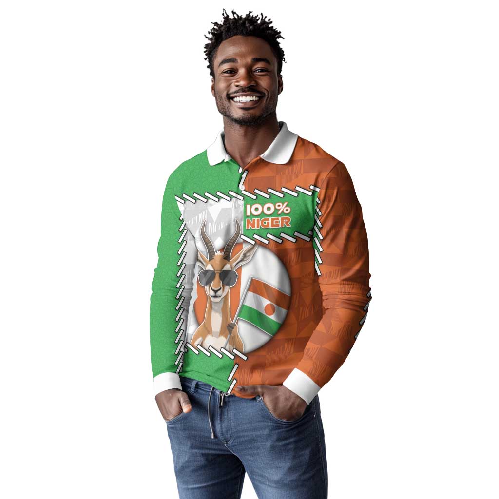 Personalized Niger Long Sleeve Polo Shirt Dama Gazelle Waving Flag Funny Style