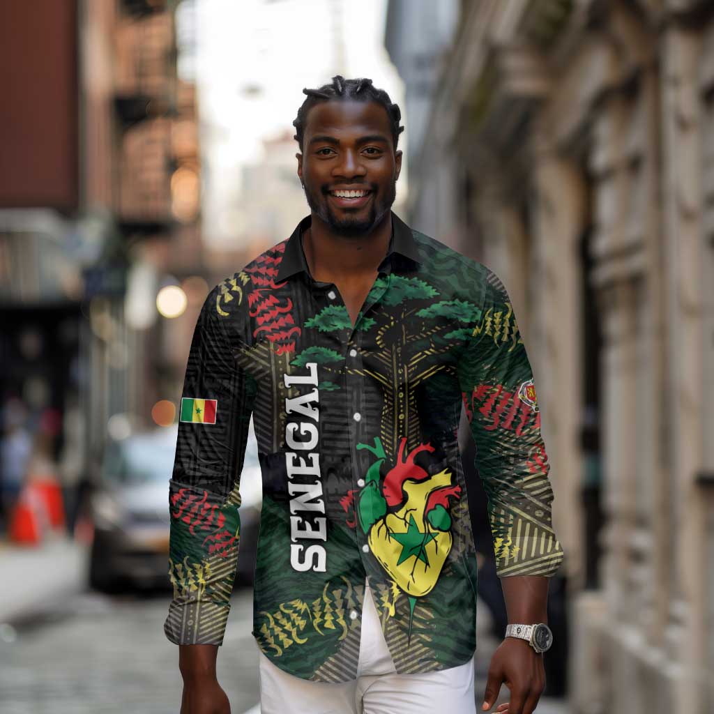 Personalized Senegal Long Sleeve Button Shirt Heart Baobab Art Grunge Style