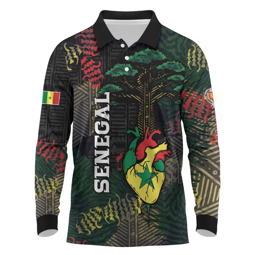 Personalized Senegal Long Sleeve Polo Shirt Heart Baobab Art Grunge Style