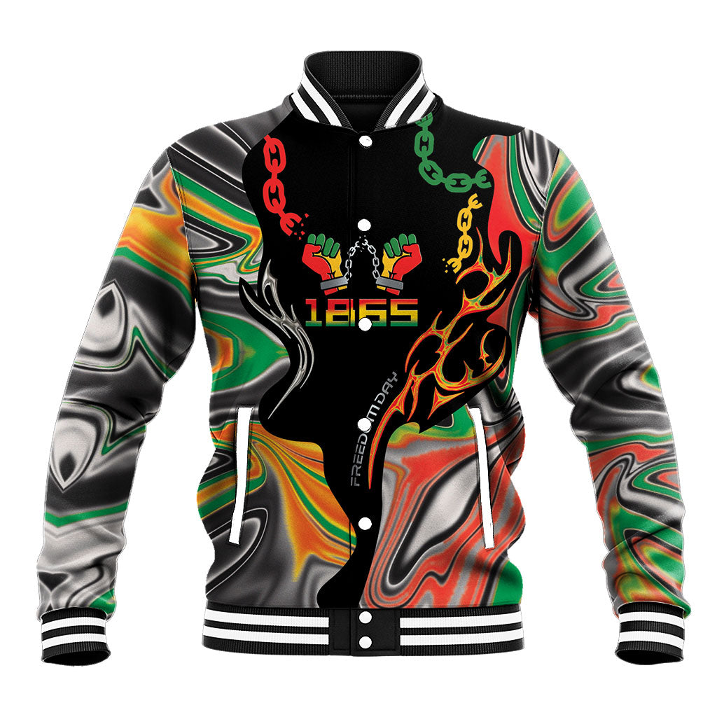 African Juneteenth Freedom Day 1865 Baseball Jacket Colors Liquid Marble With Broken Chains