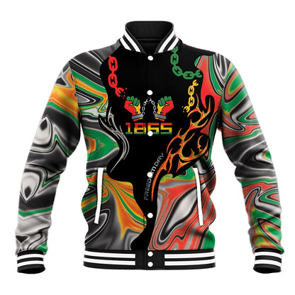 African Juneteenth Freedom Day 1865 Baseball Jacket Colors Liquid Marble With Broken Chains