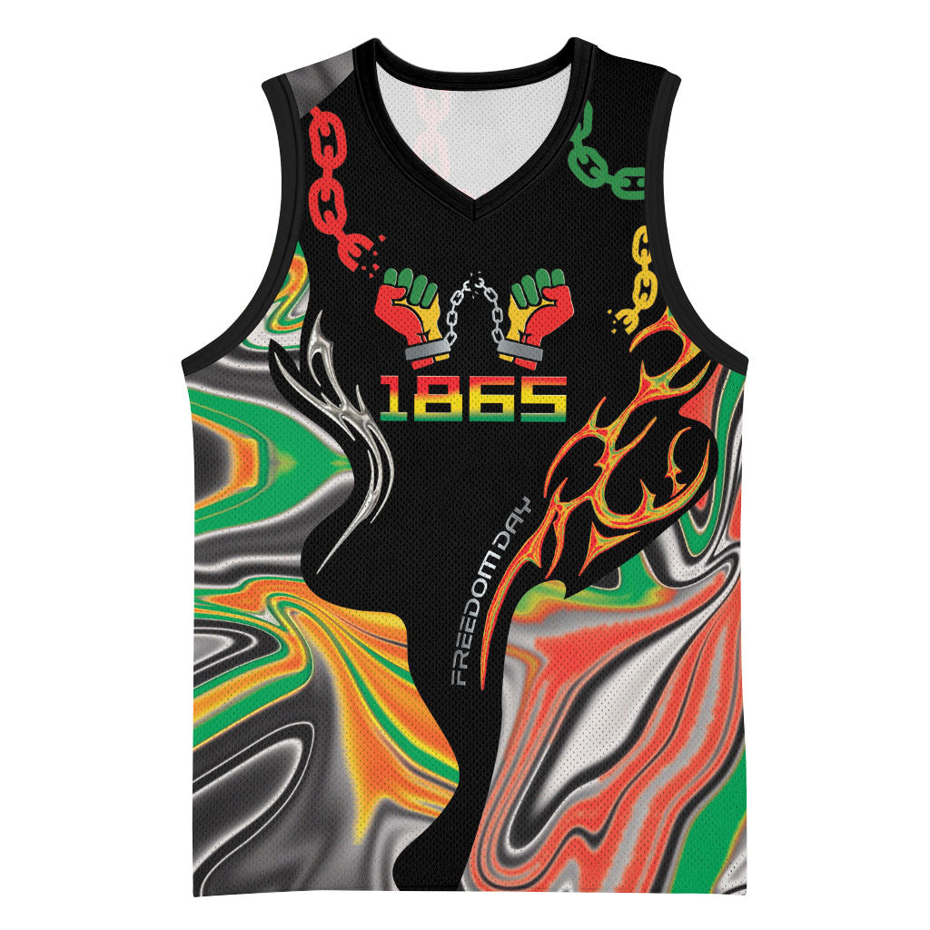 African Juneteenth Freedom Day 1865 Basketball Jersey Colors Liquid Marble With Broken Chains
