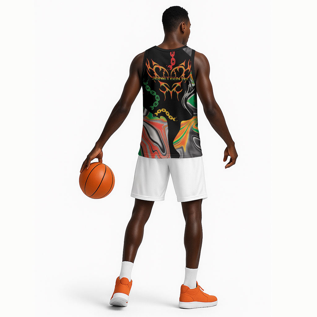 African Juneteenth Freedom Day 1865 Basketball Jersey Colors Liquid Marble With Broken Chains
