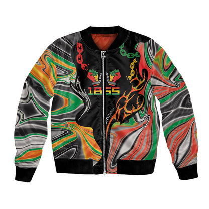 African Juneteenth Freedom Day 1865 Bomber Jacket Colors Liquid Marble With Broken Chains