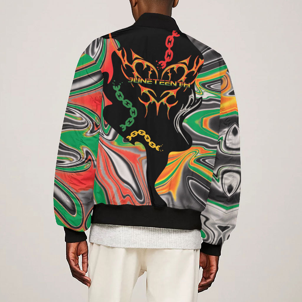 African Juneteenth Freedom Day 1865 Bomber Jacket Colors Liquid Marble With Broken Chains