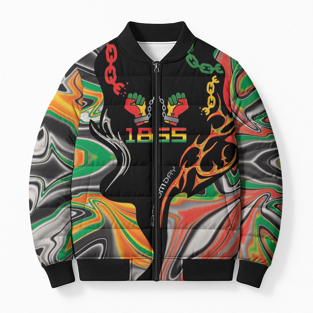 African Juneteenth Freedom Day 1865 Bomber Puffer Jacket Colors Liquid Marble With Broken Chains