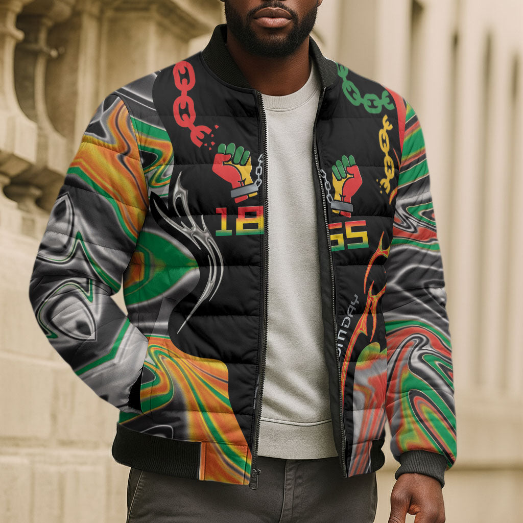 African Juneteenth Freedom Day 1865 Bomber Puffer Jacket Colors Liquid Marble With Broken Chains