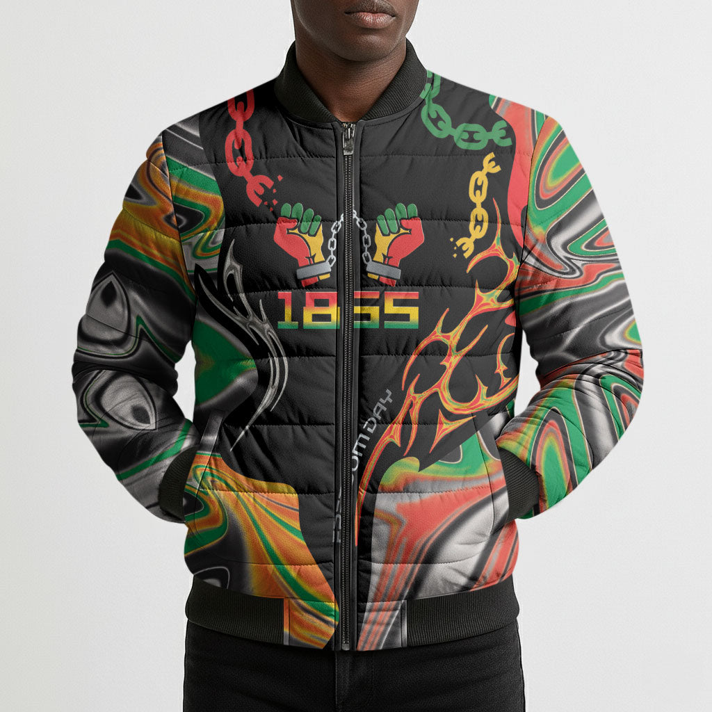 African Juneteenth Freedom Day 1865 Bomber Puffer Jacket Colors Liquid Marble With Broken Chains