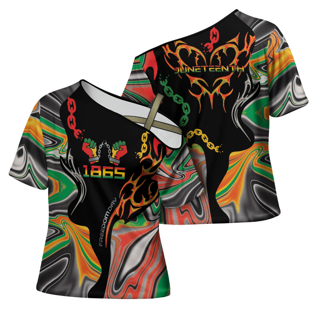 African Juneteenth Freedom Day 1865 Cross Shoulder Shirt Colors Liquid Marble With Broken Chains