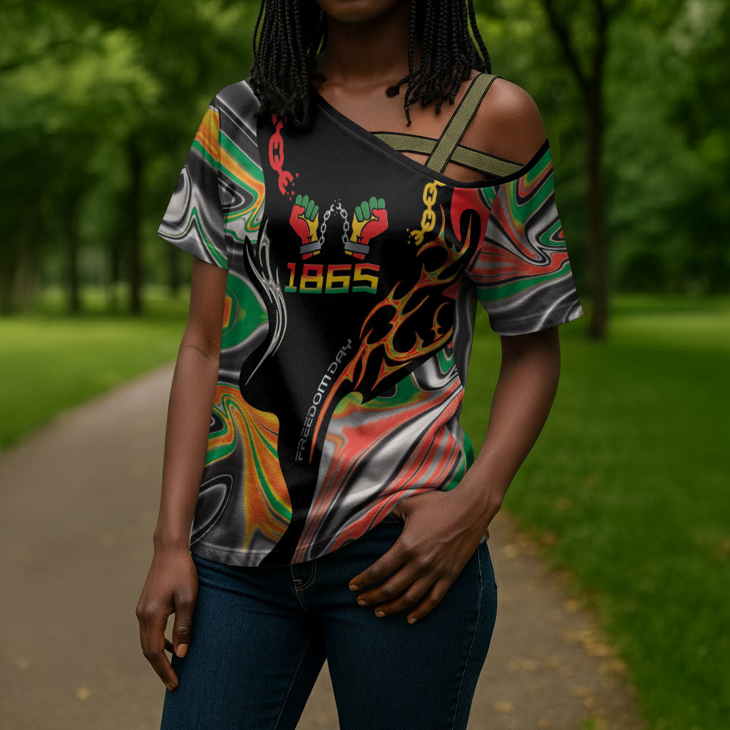 African Juneteenth Freedom Day 1865 Cross Shoulder Shirt Colors Liquid Marble With Broken Chains