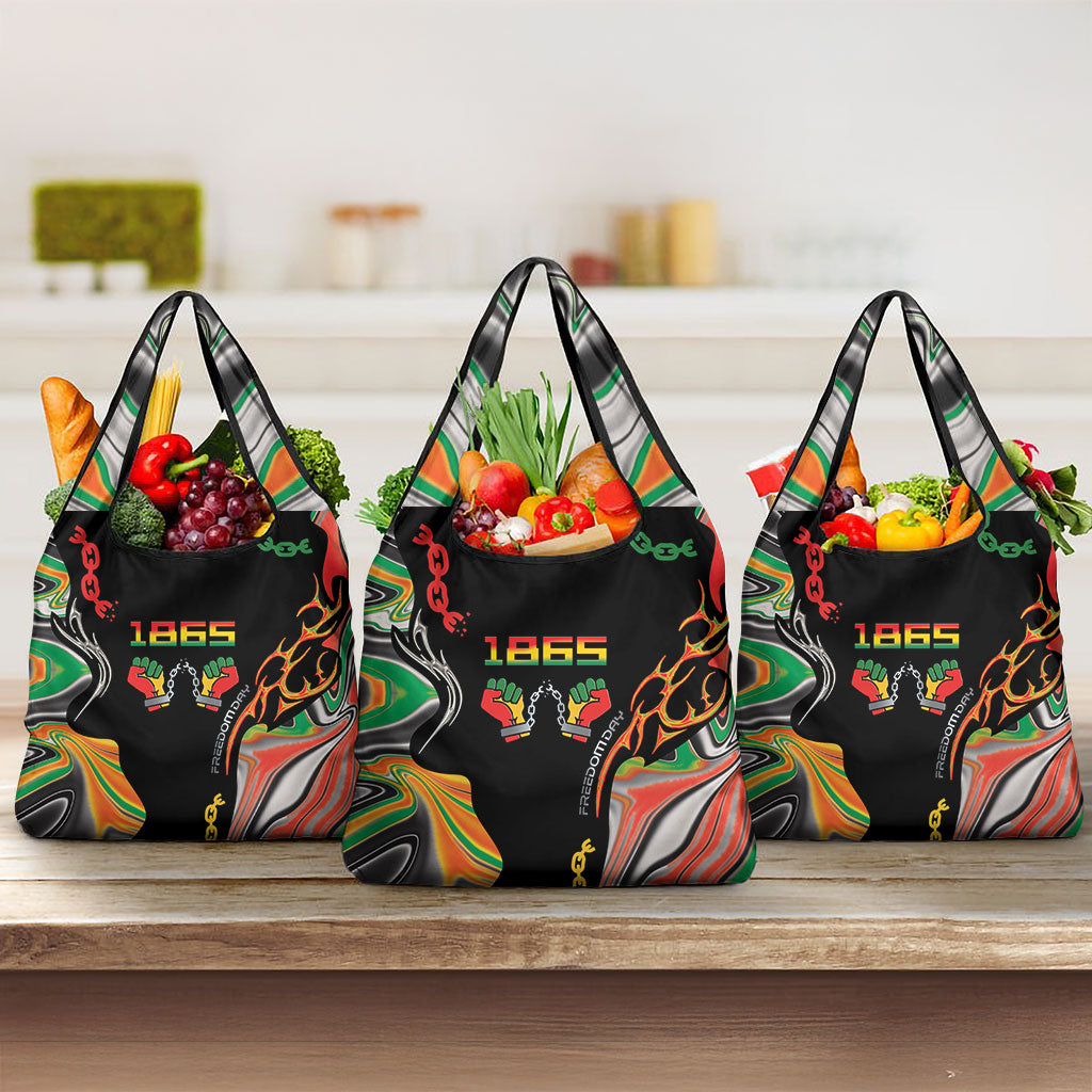 African Juneteenth Freedom Day 1865 Grocery Bag Colors Liquid Marble With Broken Chains