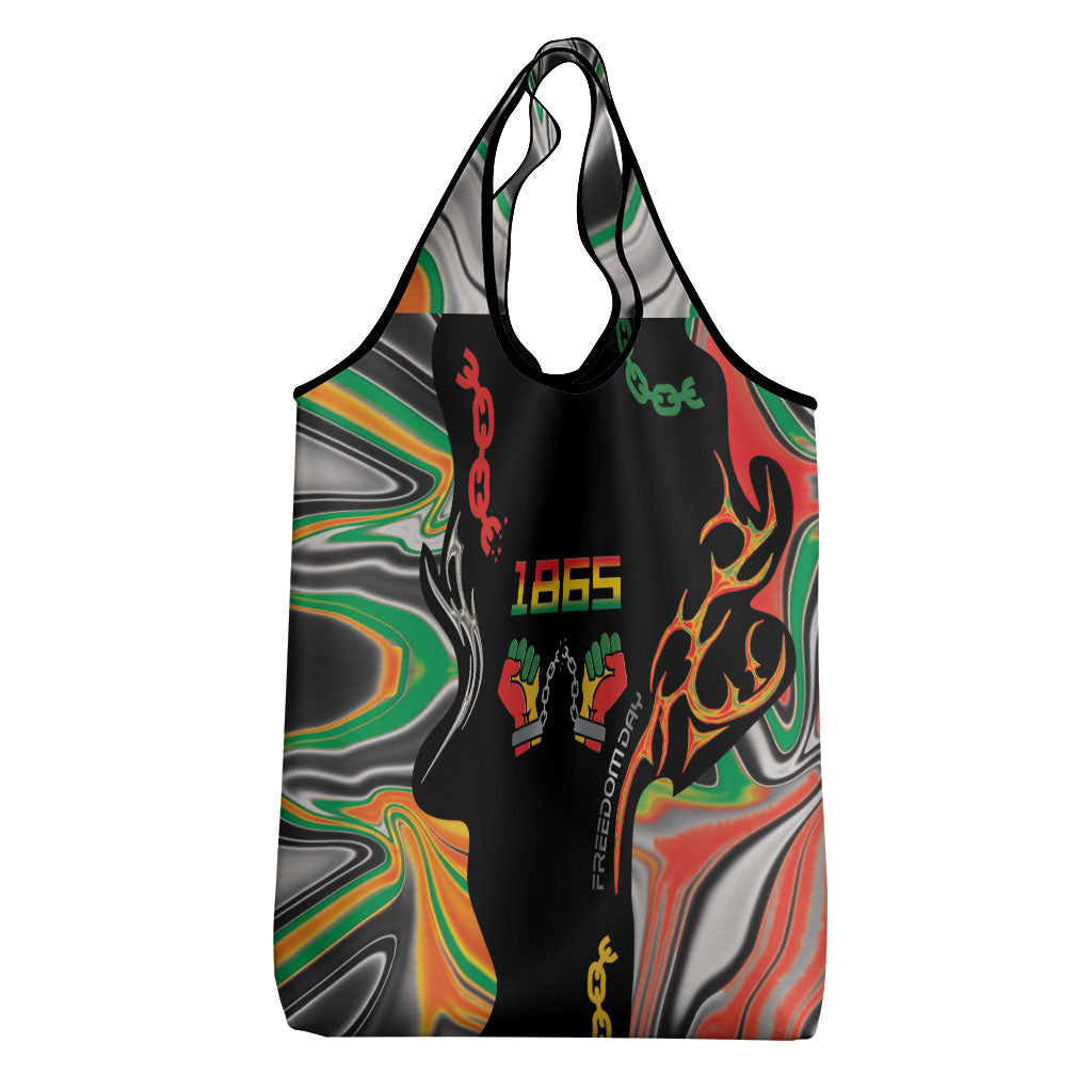 African Juneteenth Freedom Day 1865 Grocery Bag Colors Liquid Marble With Broken Chains