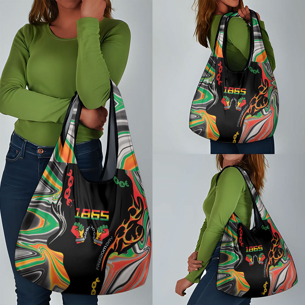 African Juneteenth Freedom Day 1865 Grocery Bag Colors Liquid Marble With Broken Chains