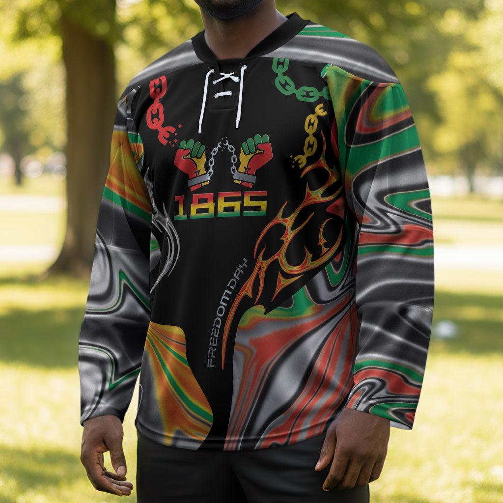 African Juneteenth Freedom Day 1865 Hockey Jersey Colors Liquid Marble With Broken Chains