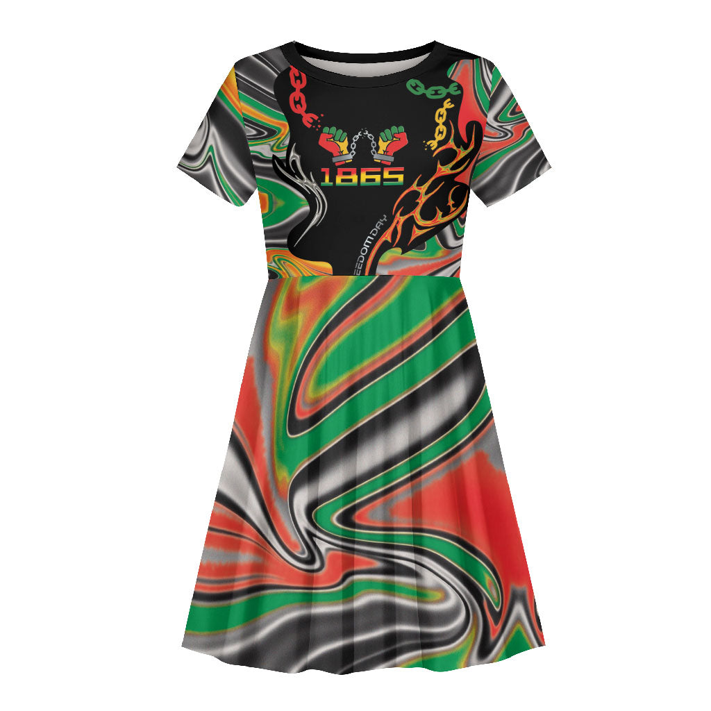 African Juneteenth Freedom Day 1865 Kid Short Sleeve Dress Colors Liquid Marble With Broken Chains