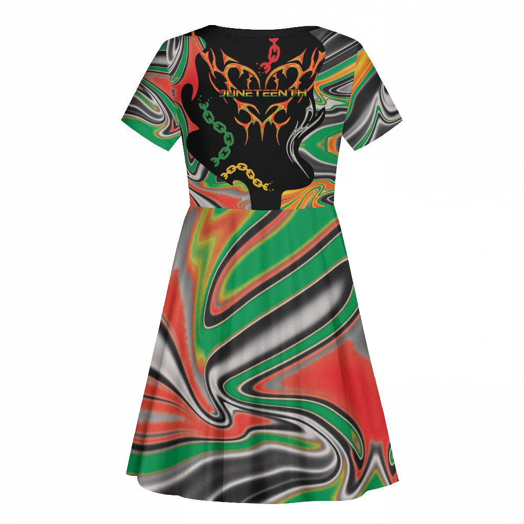 African Juneteenth Freedom Day 1865 Kid Short Sleeve Dress Colors Liquid Marble With Broken Chains