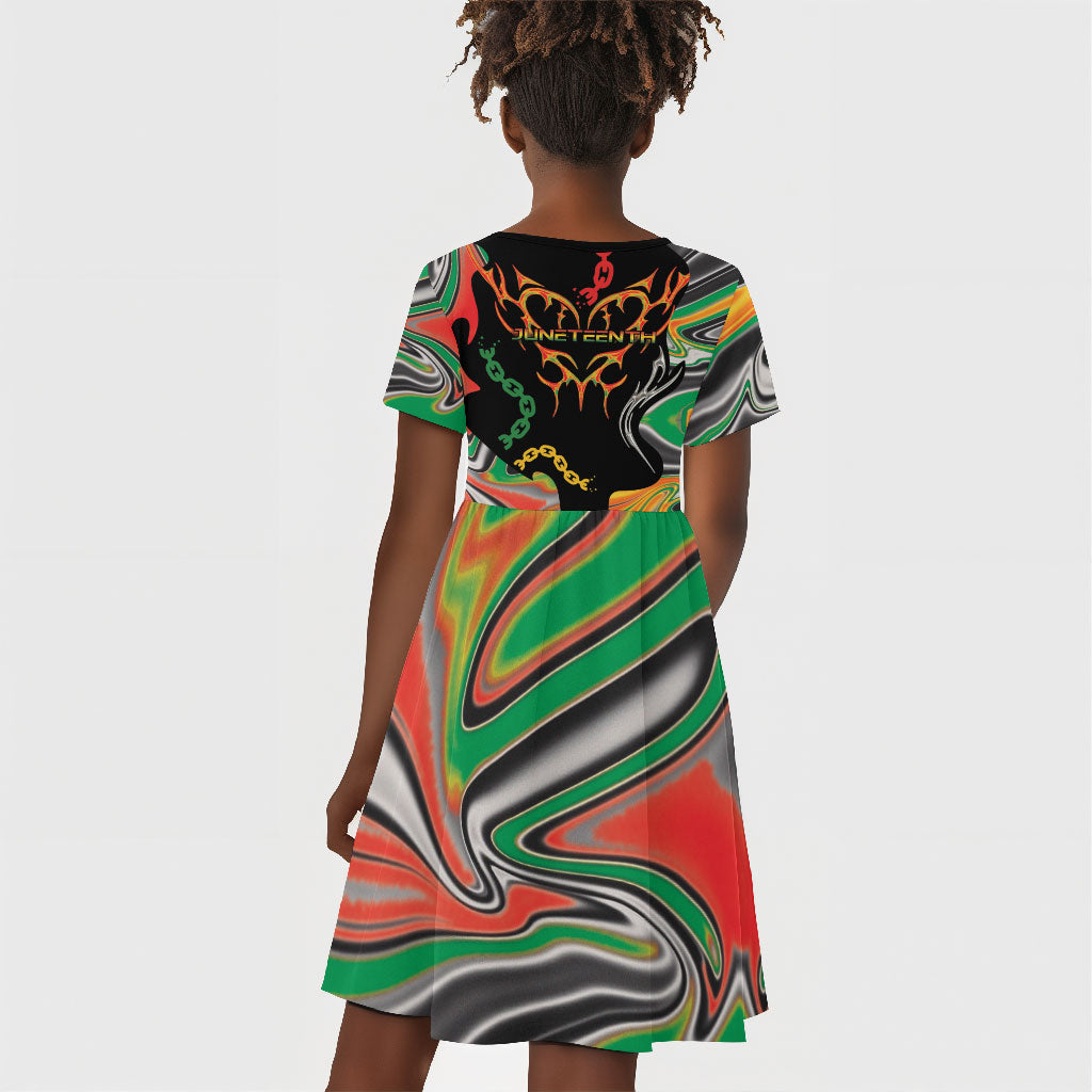 African Juneteenth Freedom Day 1865 Kid Short Sleeve Dress Colors Liquid Marble With Broken Chains
