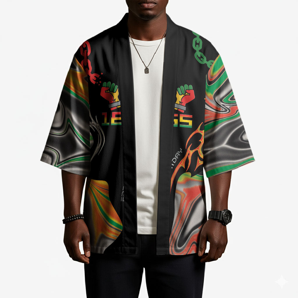 African Juneteenth Freedom Day 1865 Kimono Colors Liquid Marble With Broken Chains
