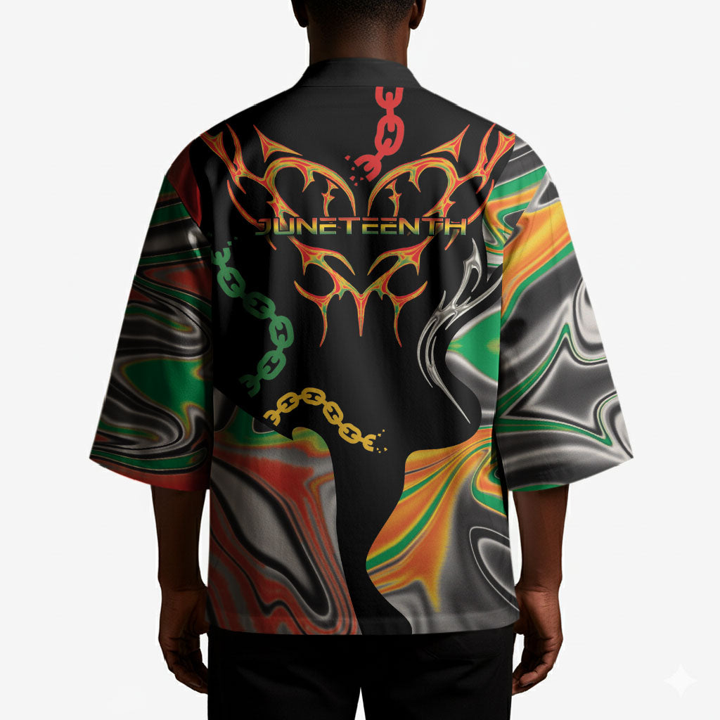 African Juneteenth Freedom Day 1865 Kimono Colors Liquid Marble With Broken Chains