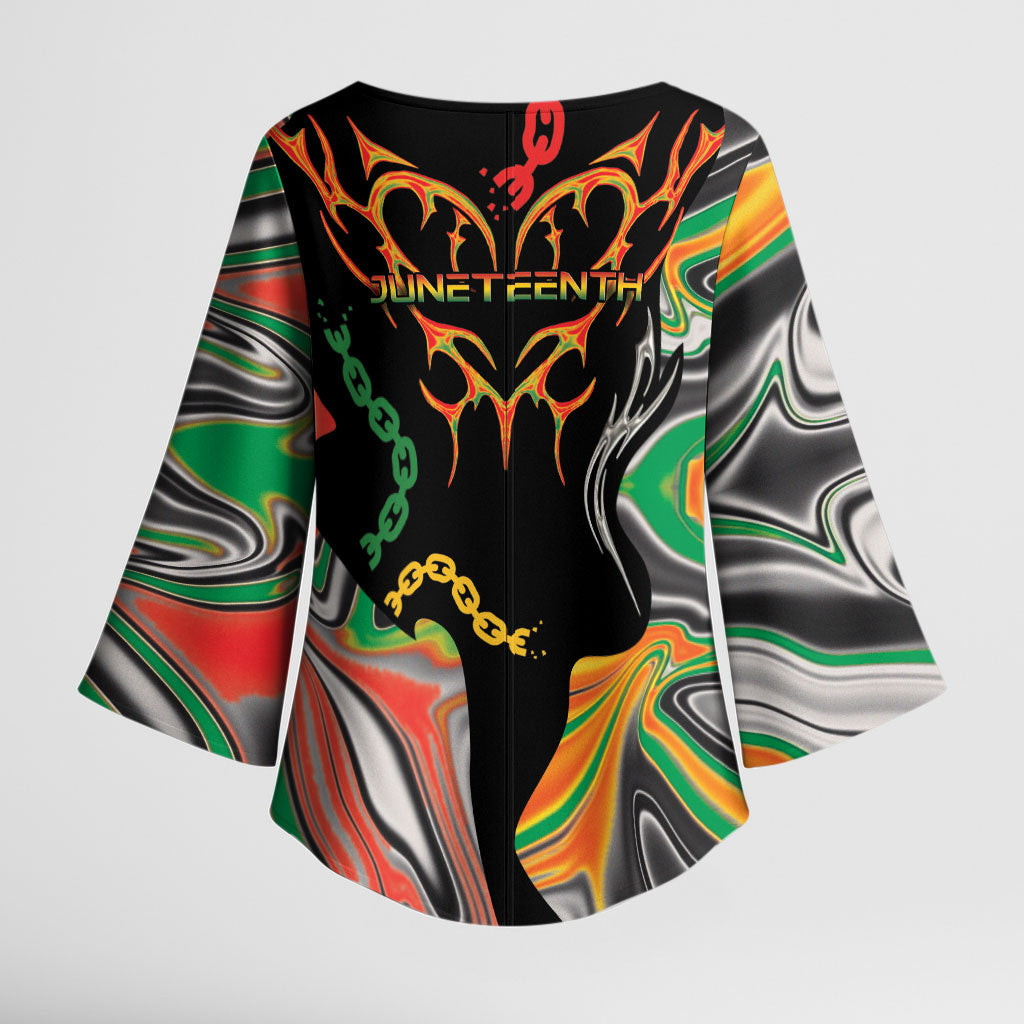 African Juneteenth Freedom Day 1865 Kimono Sleeve Blouse Colors Liquid Marble With Broken Chains