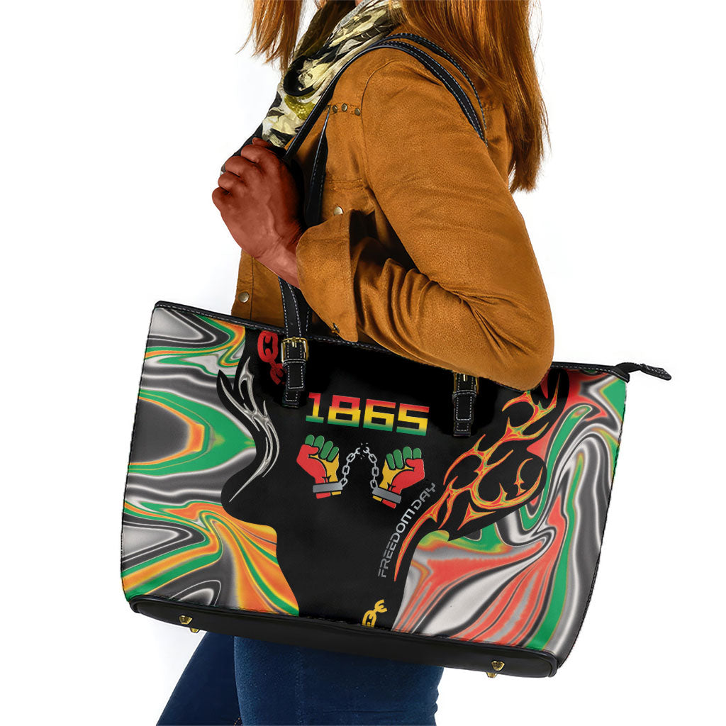 African Juneteenth Freedom Day 1865 Leather Tote Bag Colors Liquid Marble With Broken Chains