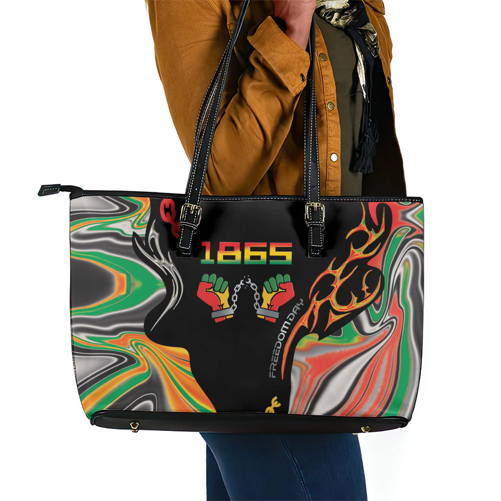 African Juneteenth Freedom Day 1865 Leather Tote Bag Colors Liquid Marble With Broken Chains