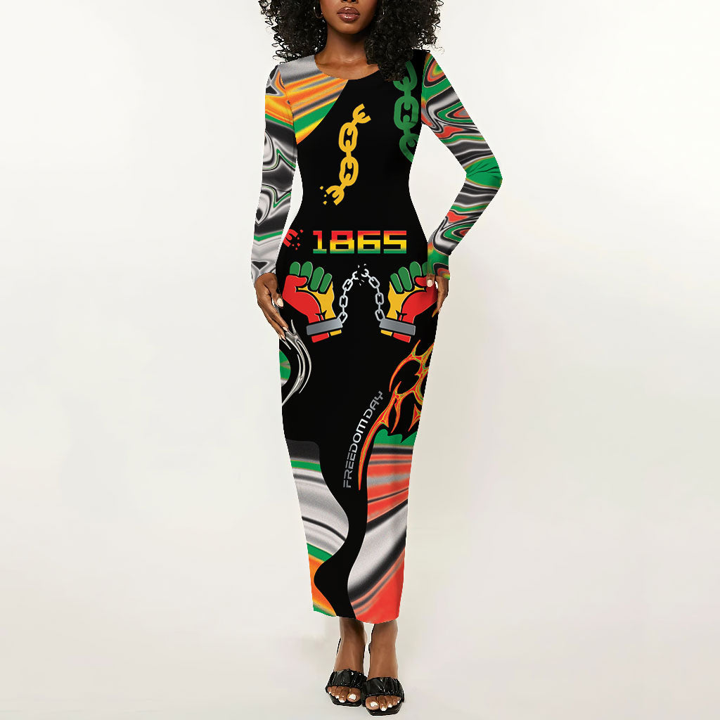 African Juneteenth Freedom Day 1865 Long Sleeve Bodycon Dress Colors Liquid Marble With Broken Chains