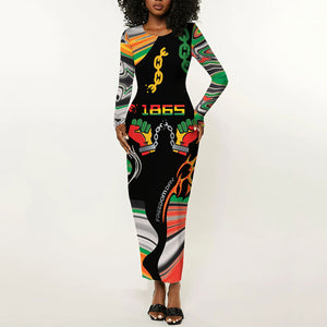 African Juneteenth Freedom Day 1865 Long Sleeve Bodycon Dress Colors Liquid Marble With Broken Chains