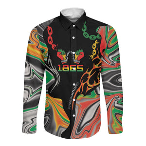 African Juneteenth Freedom Day 1865 Long Sleeve Button Shirt Colors Liquid Marble With Broken Chains