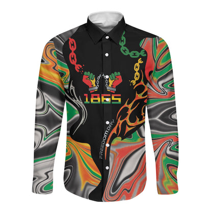 African Juneteenth Freedom Day 1865 Long Sleeve Button Shirt Colors Liquid Marble With Broken Chains