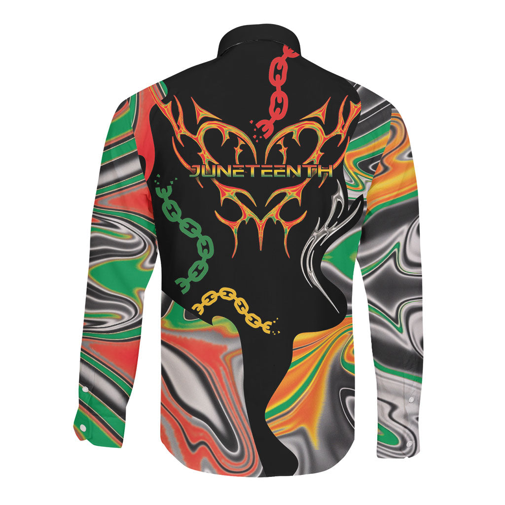 African Juneteenth Freedom Day 1865 Long Sleeve Button Shirt Colors Liquid Marble With Broken Chains