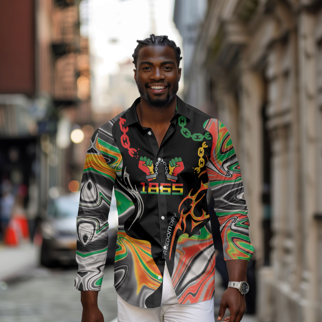 African Juneteenth Freedom Day 1865 Long Sleeve Button Shirt Colors Liquid Marble With Broken Chains