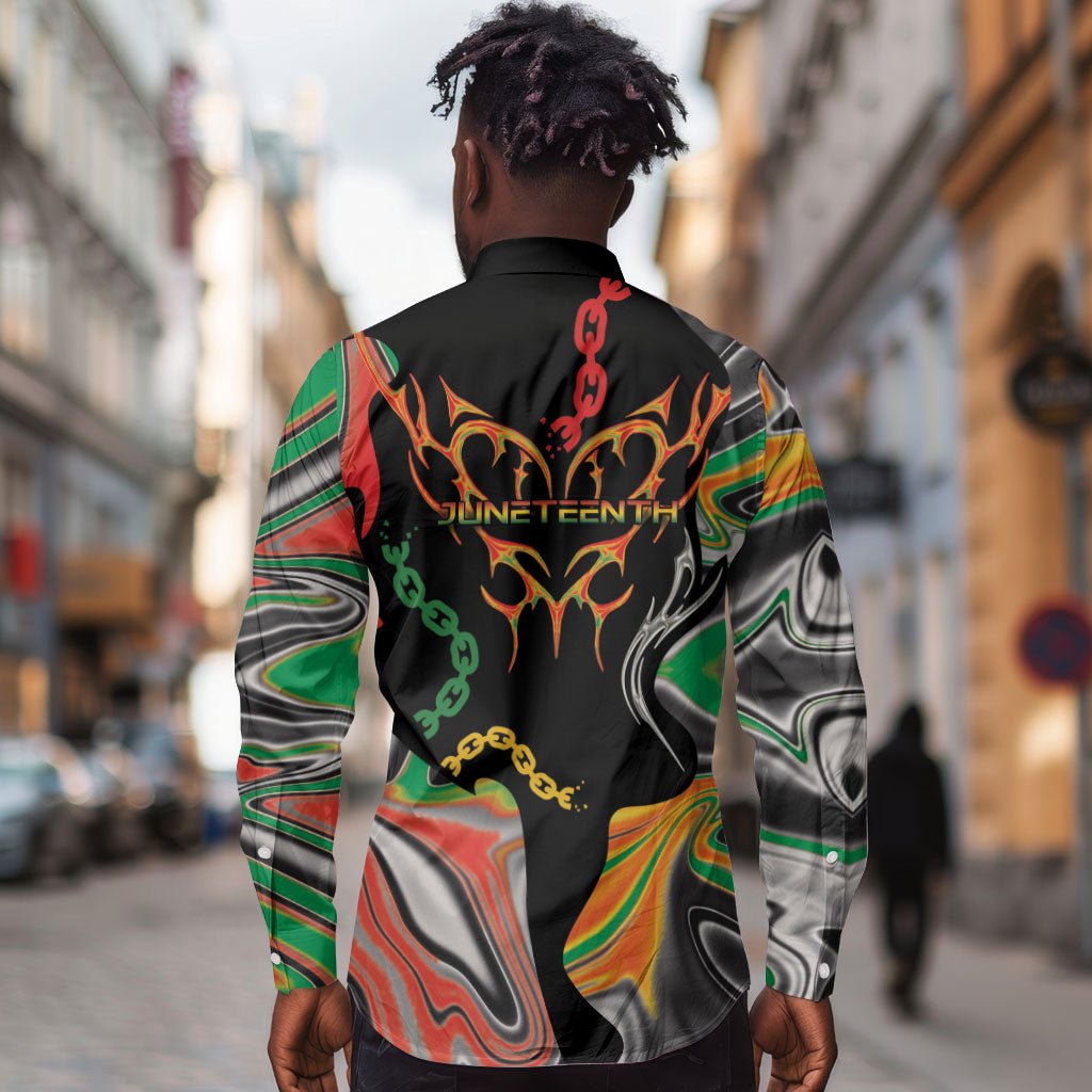 African Juneteenth Freedom Day 1865 Long Sleeve Button Shirt Colors Liquid Marble With Broken Chains