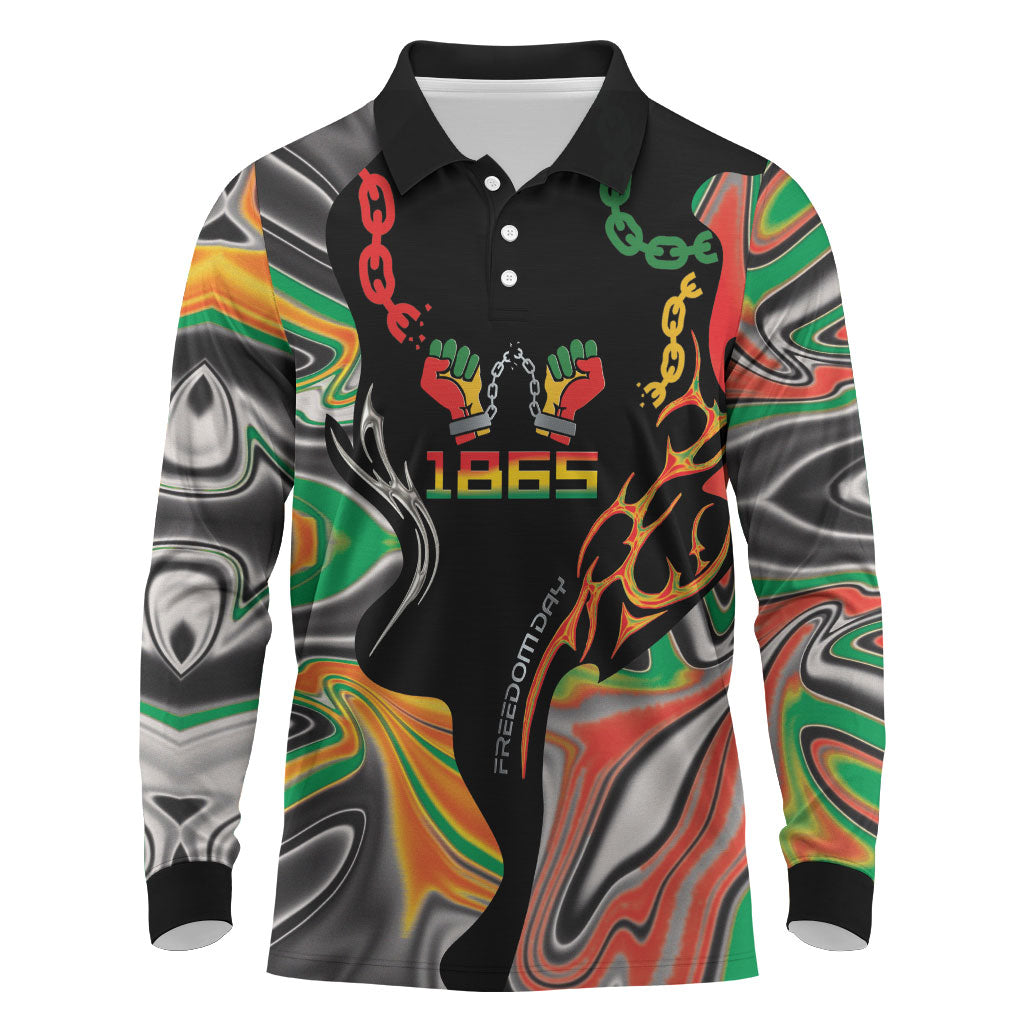 African Juneteenth Freedom Day 1865 Long Sleeve Polo Shirt Colors Liquid Marble With Broken Chains