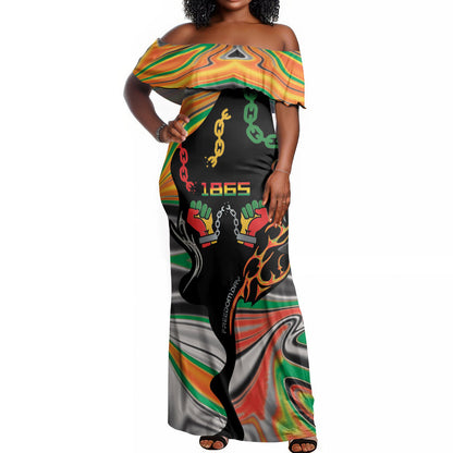 African Juneteenth Freedom Day 1865 Off Shoulder Maxi Dress Colors Liquid Marble With Broken Chains