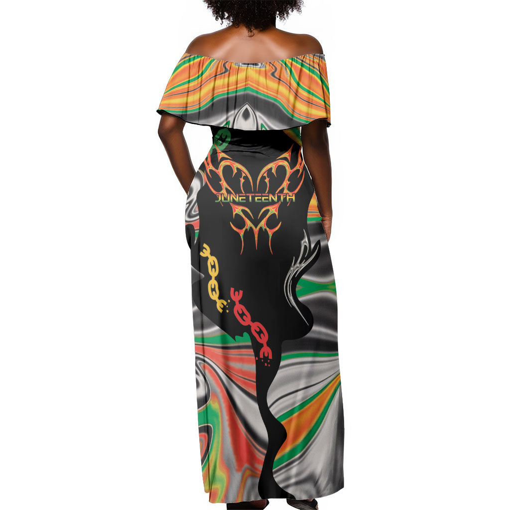 African Juneteenth Freedom Day 1865 Off Shoulder Maxi Dress Colors Liquid Marble With Broken Chains