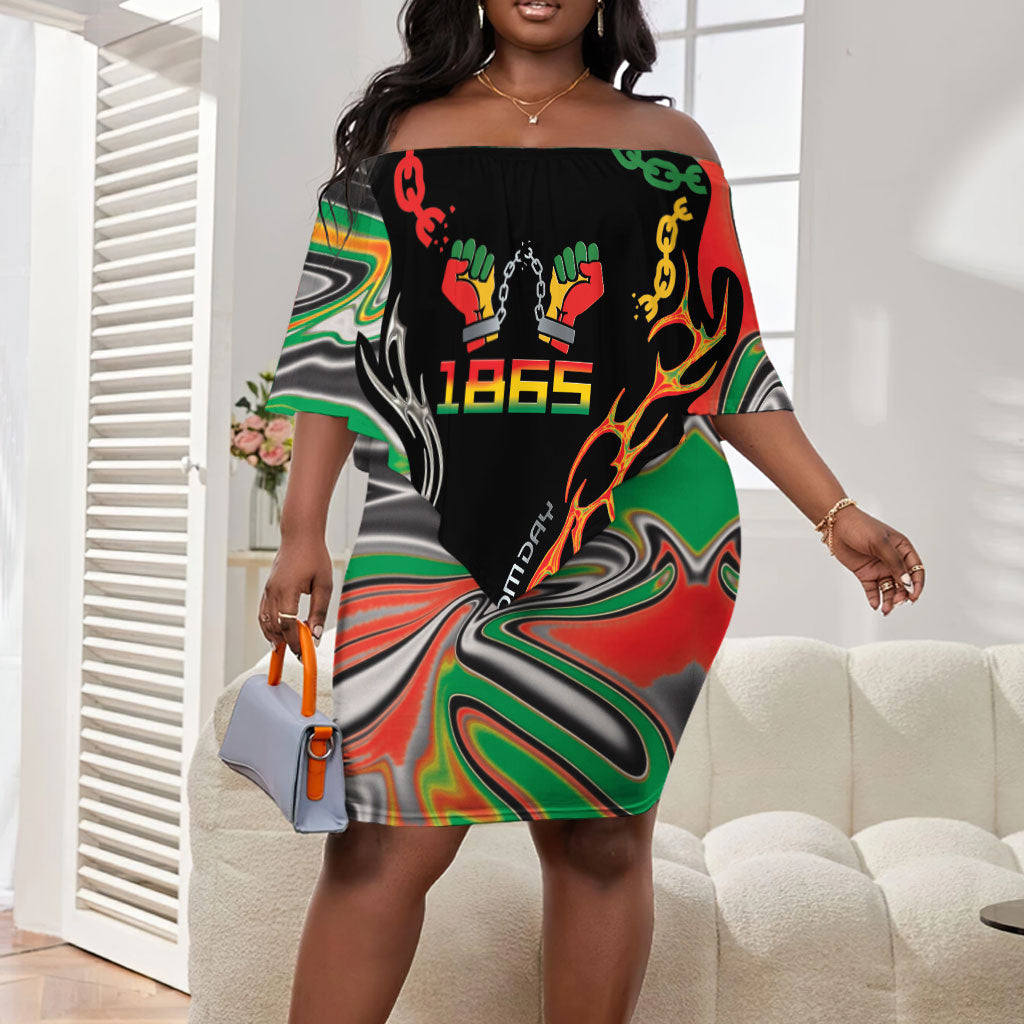 African Juneteenth Freedom Day 1865 Off Shoulder Short Dress Colors Liquid Marble With Broken Chains