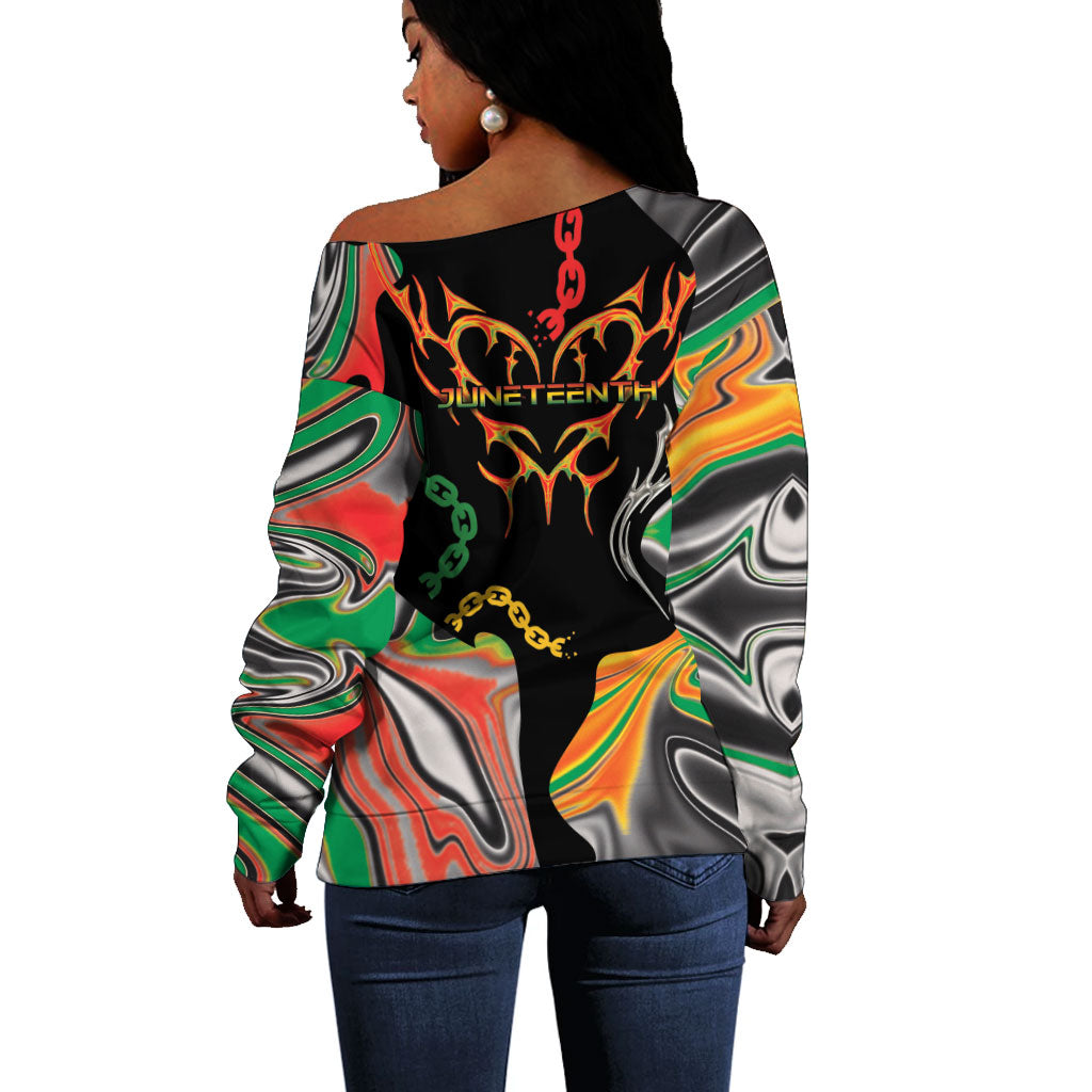 African Juneteenth Freedom Day 1865 Off Shoulder Sweater Colors Liquid Marble With Broken Chains