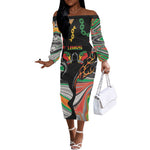 African Juneteenth Freedom Day 1865 Off The Shoulder Long Sleeve Dress Colors Liquid Marble With Broken Chains