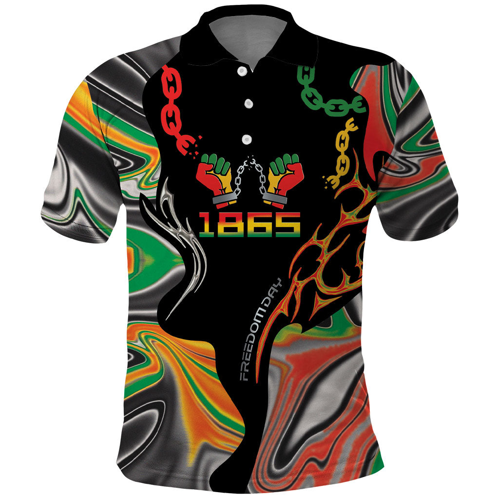 African Juneteenth Freedom Day 1865 Polo Shirt Colors Liquid Marble With Broken Chains